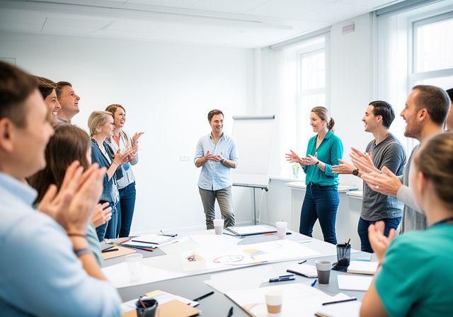 Small group confidence building workshop in Tilburg with participants practising presentation skills in a supportive, light-filled room